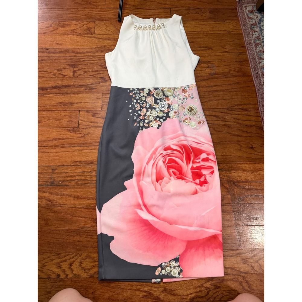 Ted Baker London Rubelle Rose Floral Pearl Neck Sheath Dress Pink White Size 2